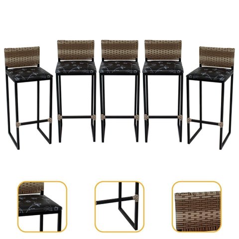 Kit 5 Banquetas Quadrada Junco Cappuccino para Balcão Ilha Cozinha Área Gourmet Bancada Piscina Bar