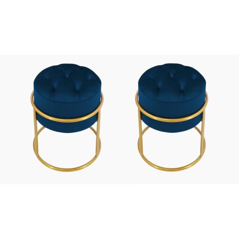 Kit 2 Puff Banqueta Estofado Decorativo Base de Ferro Capitonê Suede Azul Marinho Eli Móveis e Decor