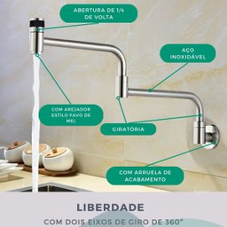 Torneira de Parede Cozinha Gourmet Modelo Articulavel Extensa Dobravel em Curva Cor Cromado Fosco -  - 3