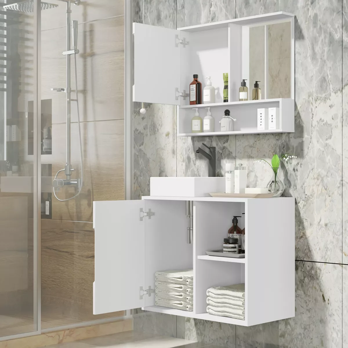 Ver imagem 2 de Kit Conjunto Gabinete Balcão Banheiro Espelheira Cuba Barém:branco
