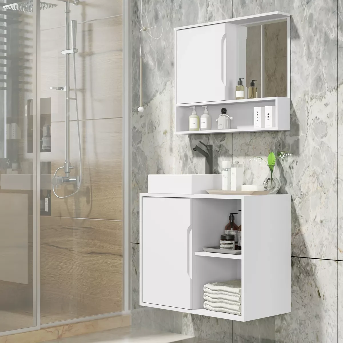 Ver imagem 1 de Kit Conjunto Gabinete Balcão Banheiro Espelheira Cuba Barém:branco