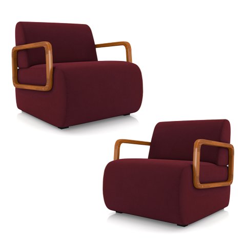 Kit 2 Poltronas Decorativa Sala de Estar Odessa Braços em Madeira Veludo Bordô G33 - Gran Belo