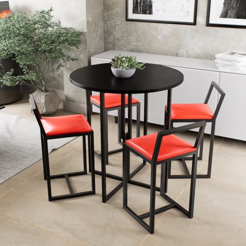 Conjunto Mesa Redonda Preta 4 Cadeiras Pequena Estofado Industrial Black