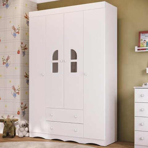 Guarda-roupa Infantil 122cm com Vidro 4 Portas e 2 Gavetas Liz Multimóveis Mp4514 Branco