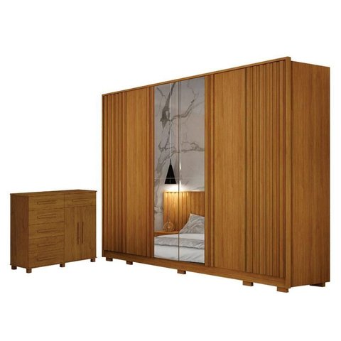Guarda Roupa Casal Evo 6 Portas com Espelho Cinamomo com Cômoda São Paulo 6 Gavetas 2 Portas Cinamom