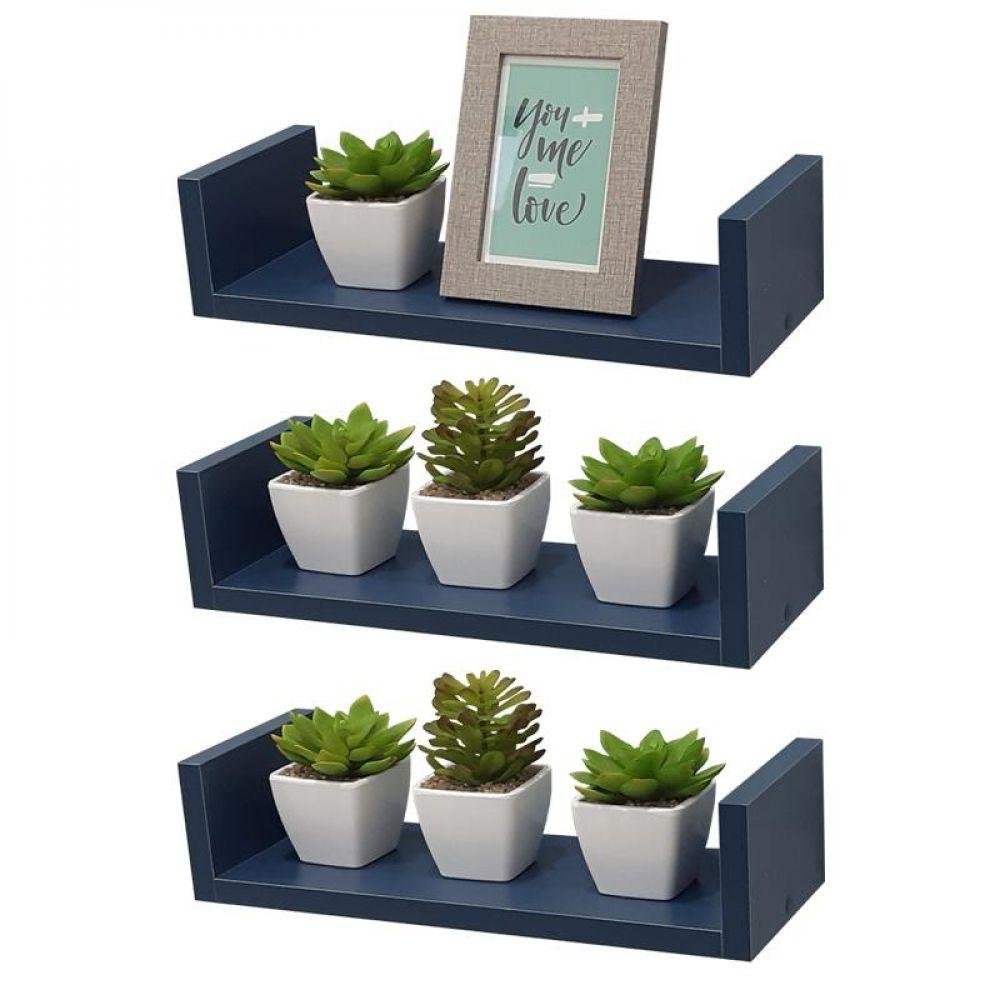 Kit com 3 Prateleiras em U 30x15cm Azul com Suporte Invisível