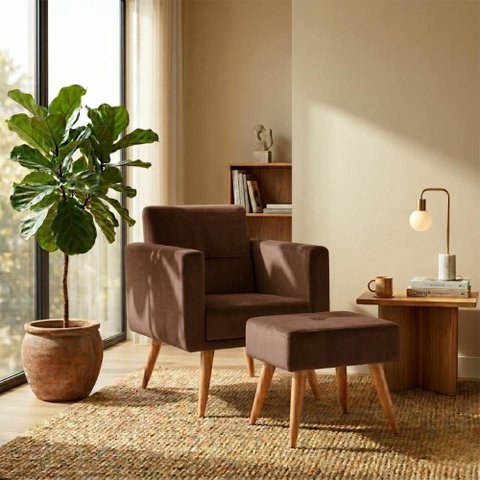 Poltrona Decorativa com Puff Pequim Veludo Confortável Marrom Matrix