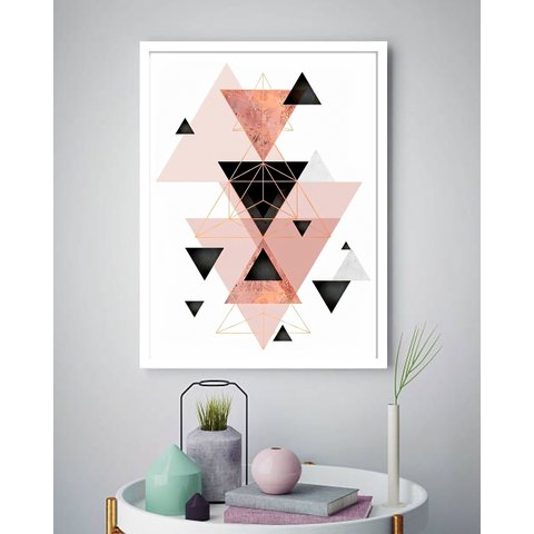 Quadro Decorativo Abstrato Triângulos Pirâmides Rosê-70x50cm:moldura Preta