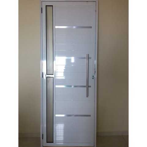 Porta De Alumínio Lambril 2,10 X 0,80 Com Visor, Friso E Puxador Esquerda