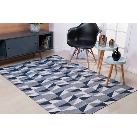 Tapete 3,00m X 2,00m Sala Tecido Jacquard Antiderrapante Geométrico - Ladrilhado Marinho