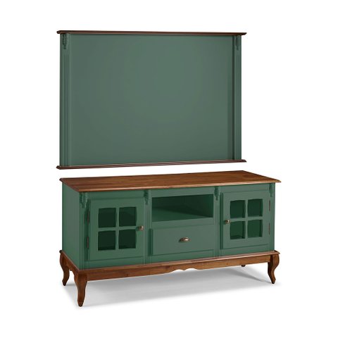 Conjunto Rack 60811 + Painel 50513 para Sala Pés Luiz Xv 1 Gaveta 2 Portas - Verde Musgo/imbuia