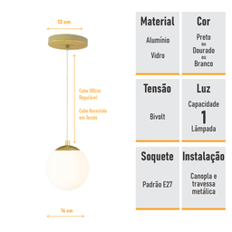 Pendente Globo Esfera de Vidro Branco Fosco 20cm - Ouro - 7