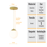 Pendente Globo Esfera de Vidro Branco Fosco 20cm - Ouro - 7