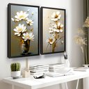 Ver imagem 2 de Quadros Decorativos Flor Vaso Pintura Branca Dourada P/ Sala