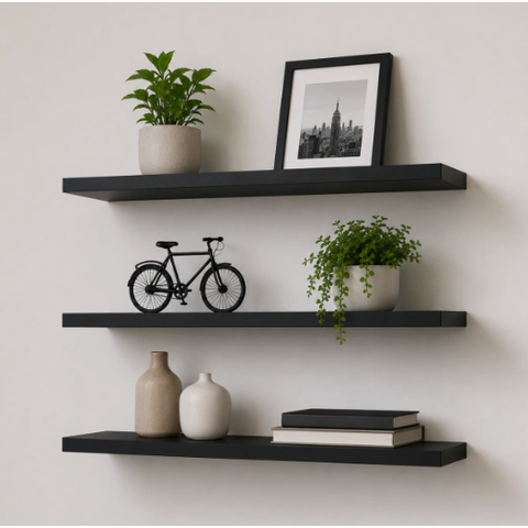 Kit 3 Prateleiras MDF 60x20cm Flutuantes Preto Decoração para Parede