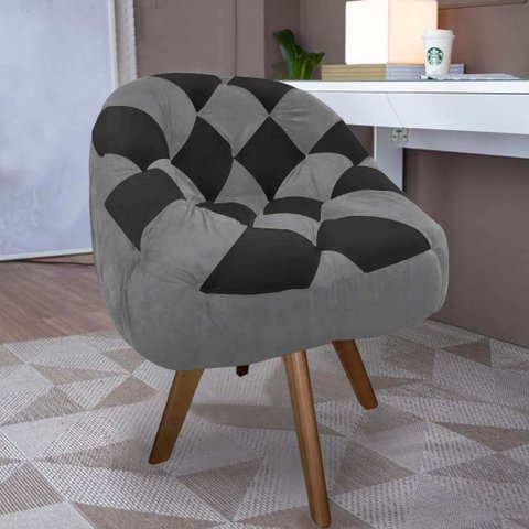 Poltrona Paloma Escritório Sala Giratória Madeira Suede Cinza e Suede Preto - Dominic Decor
