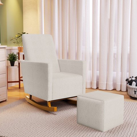 Poltrona de Amamentação com Balanço e Puff Ravena W01 Linho Cru - Lyam Decor