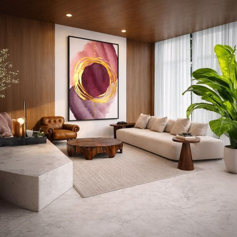 Quadro Canvas Abstrato Círculo Dourado 70x50cm Mold Branca