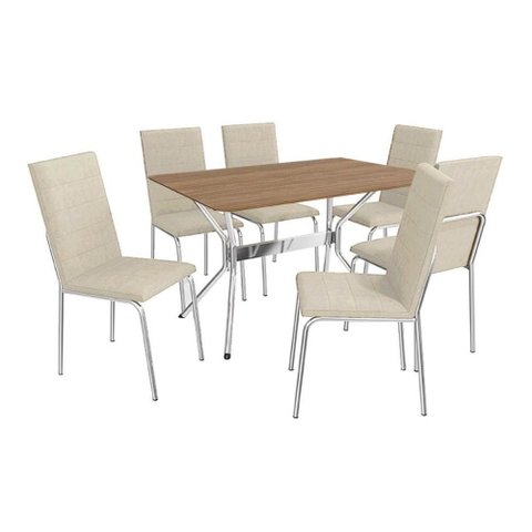 Conjunto: Mesa Sala Jantar Loire C/ Tampo de Madeira 1.60 Cm e 6 Cadeiras Amsterdã Cromada/nogueira