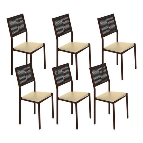 Kit 6 Cadeiras Maia Corino Creme e Fibra Nautica Preta Tubo Marrom Cafe