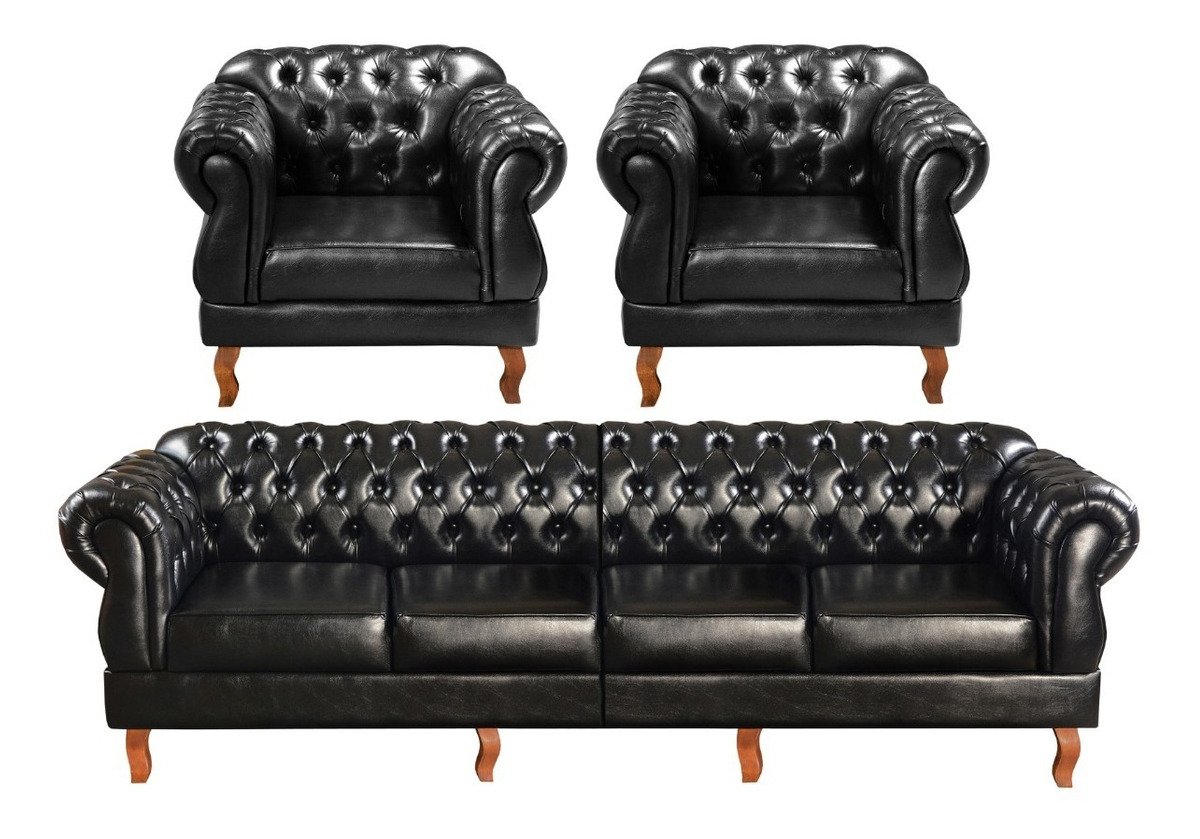 Conjunto Sofá 4 Lugares E 2 Poltronas Chesterfield Com Capitonê Duquesa - Couríssimo Preto