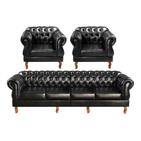 Conjunto Sofá 4 Lugares E 2 Poltronas Chesterfield Com Capitonê Duquesa - Couríssimo Preto