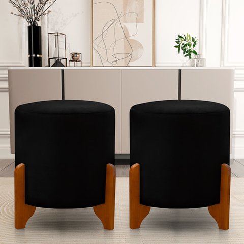Kit 2 Puff Redondo Veludo com Pés em Madeira Maciça Decorativo Sala Quarto - Preto