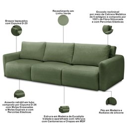 Sofá Retrátil Reclinável para Sala 4 Lugares 300cm Egeu F04 Linho Verde - Lyam Decor - 3