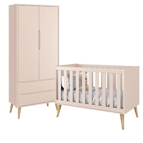 Jogo de Quarto Infantil Theo Guarda Roupa 2 Portas e Berço Rosa Fosco com Pés Madeira Natural - Rell