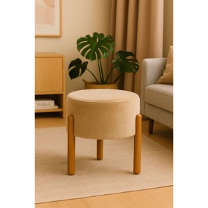 PUFF APOLO PÉS DE MADEIRA  BEGE VELUDO