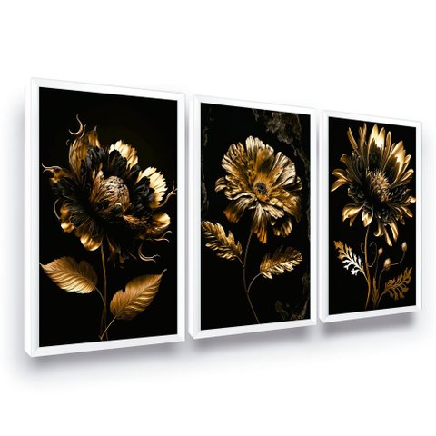Quadro Decorativo 3 Peças Flor Dourada Luxo Moldura Grande