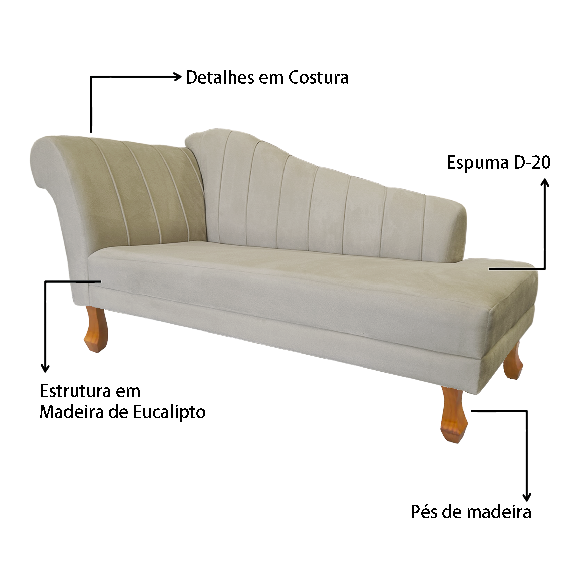 Recamier Cecília Estofado Direito com Pés Retrô Castanho Suede Bege - Dl Decor - 6