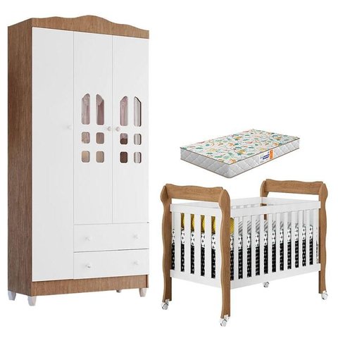 Berço Americano Lila e Guarda Roupa Infantil New Selena 3 Portas Branco Acetinado Amadeirado com Col