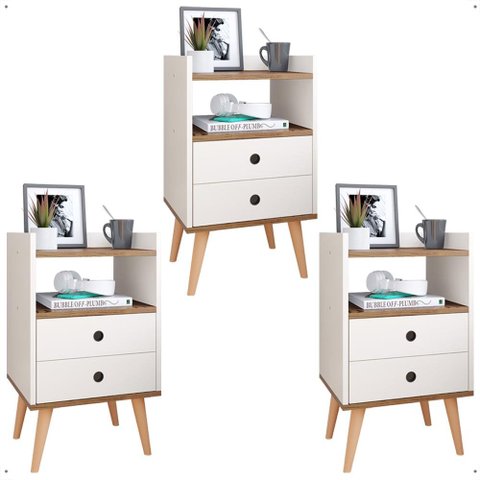 Kit 3 Mesas Cabeceira Dream Jogo Mesinha Lateral Cama Decoração Quarto Casal - Off White/freijó