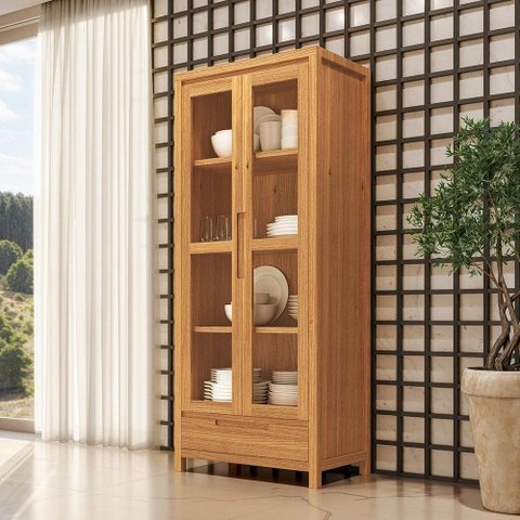 Cristaleira para Sala de Jantar 2 Portas de Vidro 1 Gaveta Madeira Maciça Dunia F06 Rústico Claro