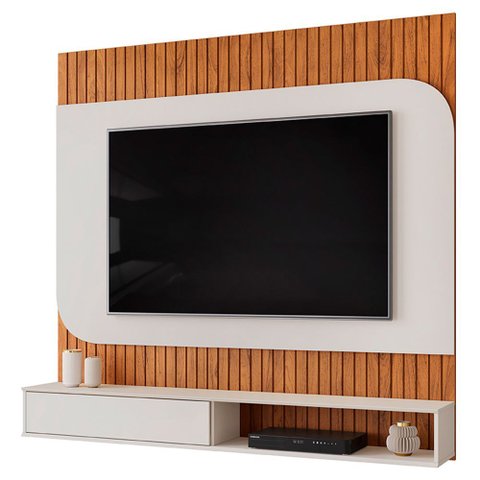 Painel Ripado Tv 65 Pol com Bancada Suspensa 150cm Ezra D05 Freijó Off White - Lyam Decor