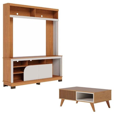 Estante Home Theater Belaya Freijó Off White Matte e Mesa de Centro Jeri Freijó Off White -