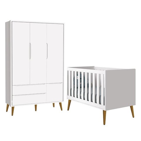 Jogo de Quarto Infantil Theo Retrô Guarda Roupa 3 Portas e Berço Branco com Pés Amadeirado - Reller