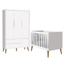 Ver imagem 1 de Jogo de Quarto Infantil Theo Retrô Guarda Roupa 3 Portas e Berço Branco com Pés Amadeirado - Reller