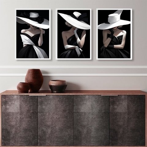 Kit 3 Quadros Decorativos Fashion Damas em Preto e Branco 45x34cm:madeira Branca