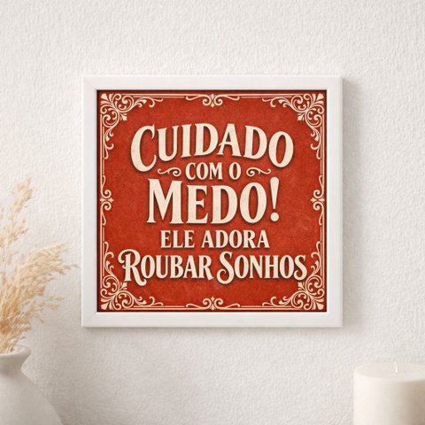 Quadro Cuidado com o Medo 33x33cm Mold Branca