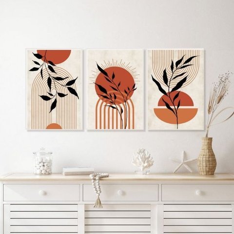 Kit 3 Quadros Bohos Folhas e Círculos Terracota 45x34cm:madeira Branca