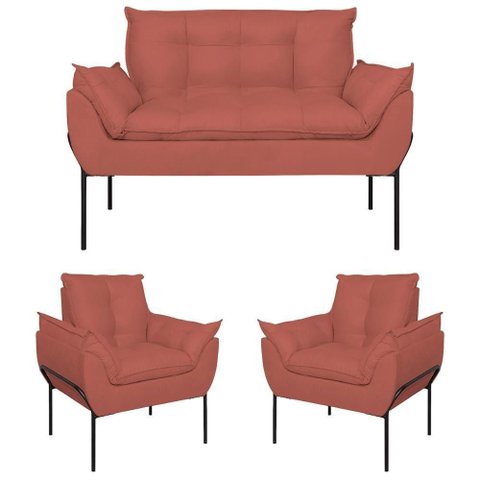 Kit 02 Poltronas + Namoradeira Reforçada Opala Metal Preto Rosa