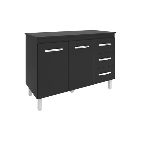 Balcão Gabinete para Pia 118 cm Cozinha Bruna Preto com Tampo Tampão 120 cm Preto