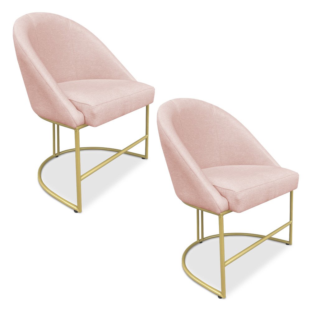 Kit 02 Cadeiras Poltrona de Jantar Bela Suede Rosa Bebê Base Metálica Industrial Dourado - Pallazio