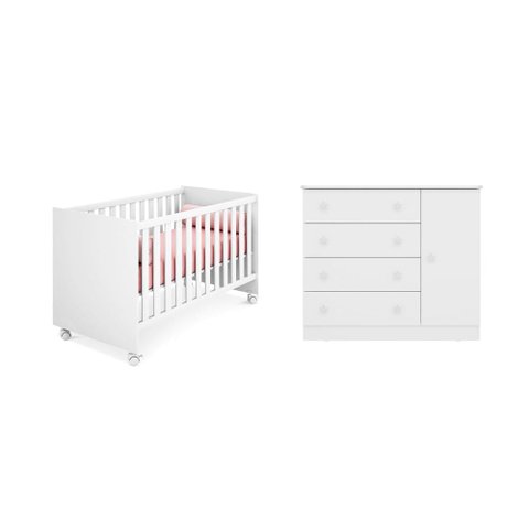 Berço Mini Cama Americano e Cômoda Sapateira Doce Sonho Branco – Qmovi
