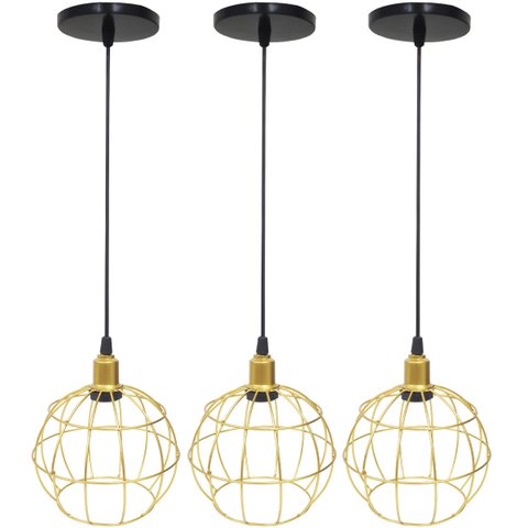 3 Pendentes Aramado Globo Luminária Lustre Luxo Teto Retrô Vintage Dourado Agp Ilumini Industrial