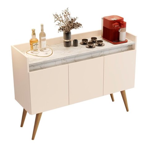Aparador Buffet Gold Marmorizado 3 Portas Pés Madeira Maciça Off White/marmore Branco