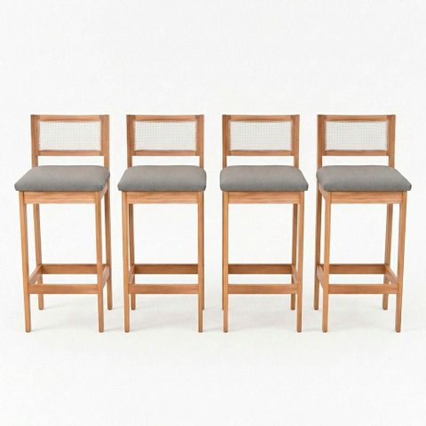 Kit 04 Banquetas Altas Brunella 99cm com Encosto Telinha Estilo Palha Linho Cinza Claro - Desk