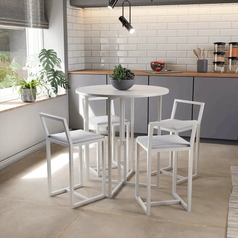 Conjunto Mesa Redonda Branca 4 Cadeiras Pequena Estofado Industrial White